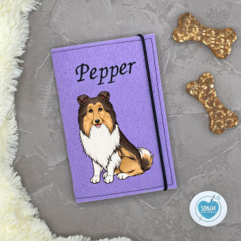 Designbeispiel der Impfpasshülle flieder für die Hunderasse Collie Langhaar dark sable